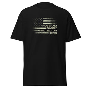 Mens Husband Daddy Protector Hero Fathers Day Camo American Flag T-Shirtless